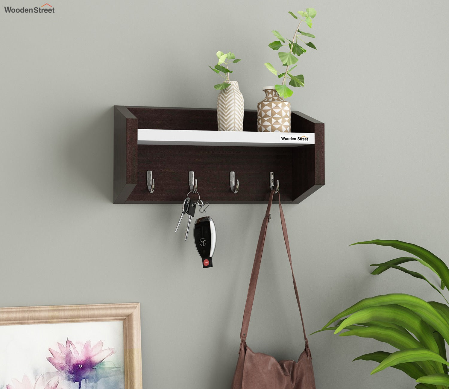 Alex Wall Shelf with Key Holders (Flowery Wenge Frosty White Finish)