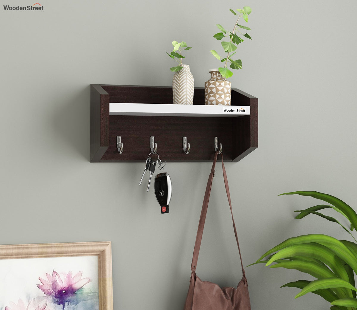 Alex Wall Shelf with Key Holders (Flowery Wenge Frosty White Finish)
