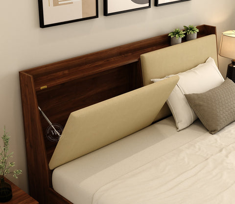 Calmora Engineered Wood Bed with Upholstered Headboard and Spacious Box Storage (Queen Size, Columbian Walnut Finish)