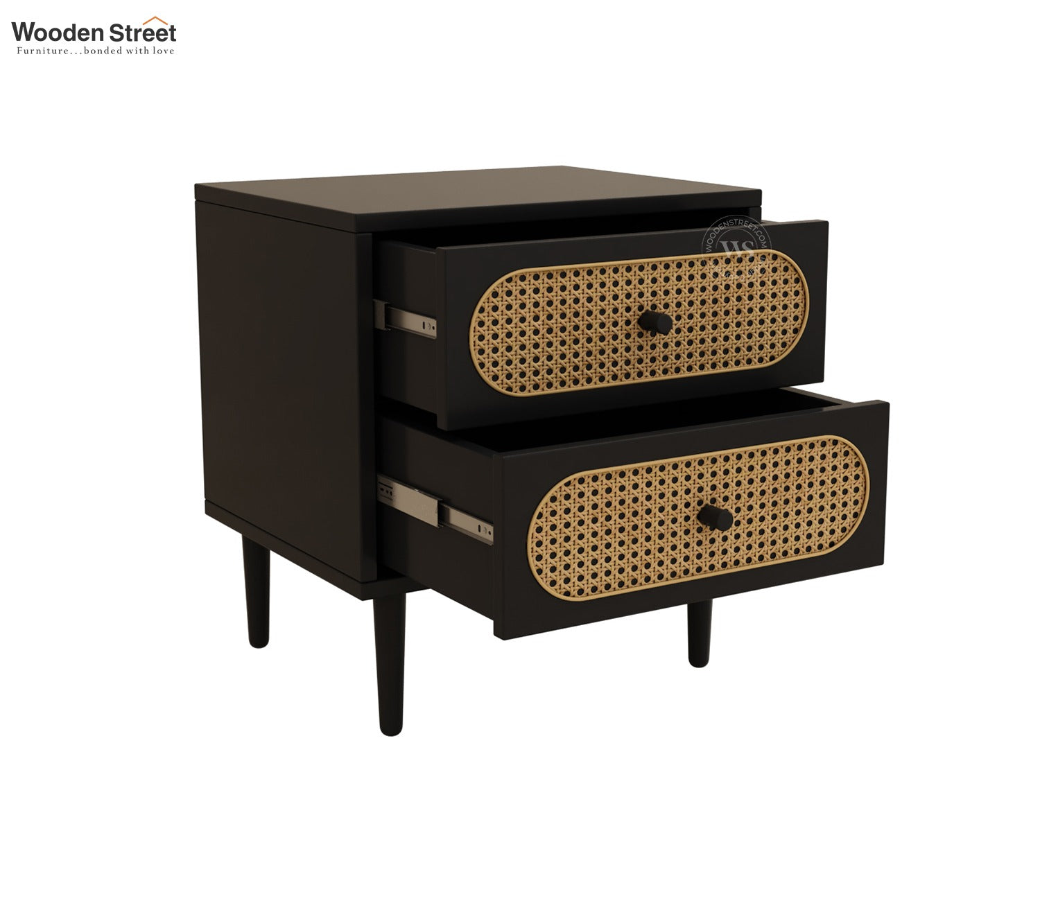 Andreas Premium Mango Wood Bedside Table with Cane Drawers (Black Finish)
