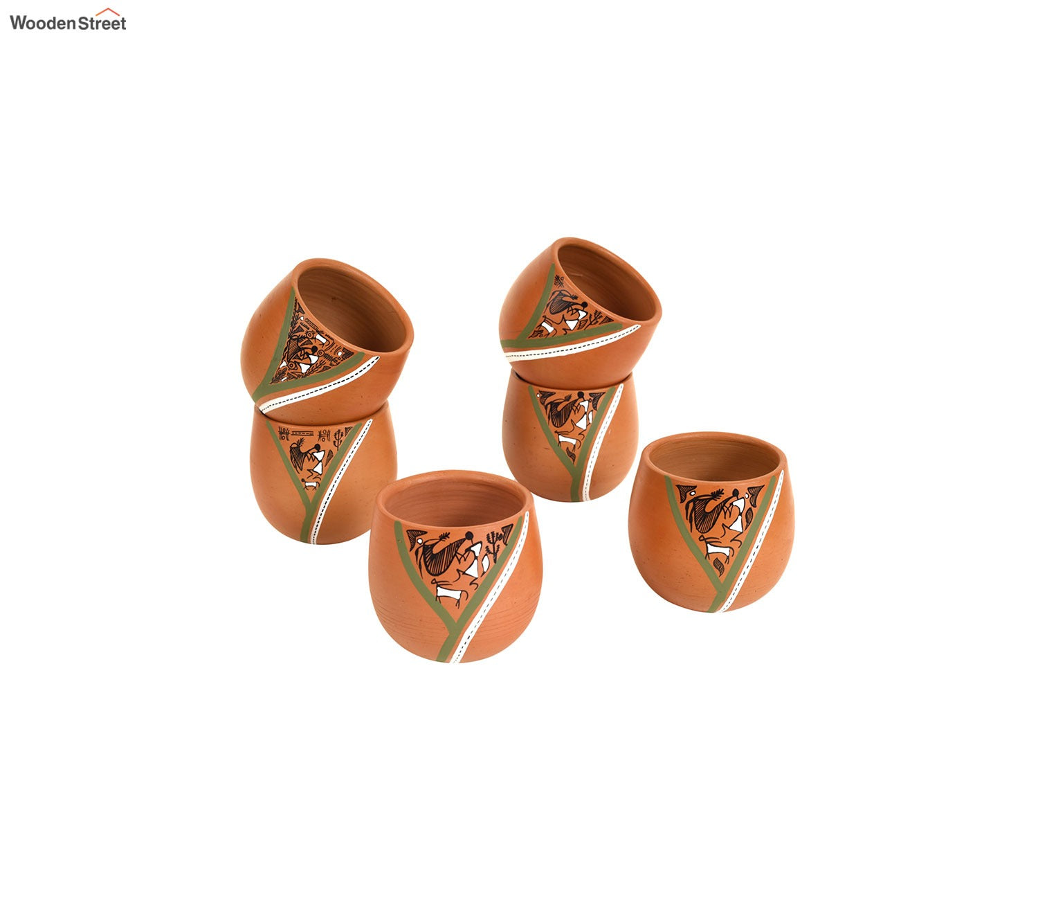 Knosh-K Painted Earthen Kullads with Tribal Motifs (Set of 6)