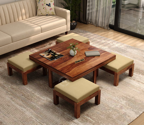 Reid Sheesham Wood Coffee Table with Four Cushioned Stools (Honey Finish)