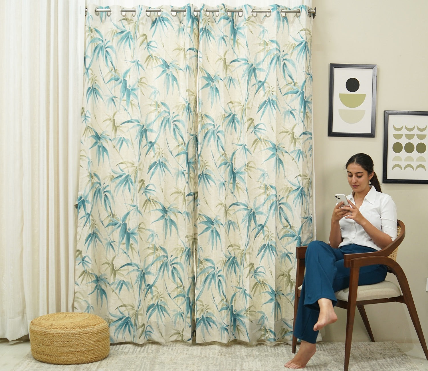 Fern Light-Filtering Door Curtains Set of 2 (Blue, 7 Feet)