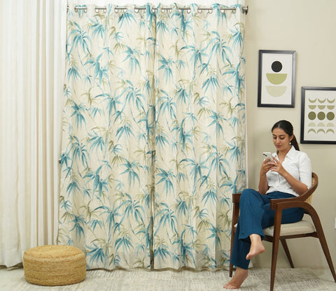 Fern Light-Filtering Door Curtains Set of 2 (Blue, 7 Feet)