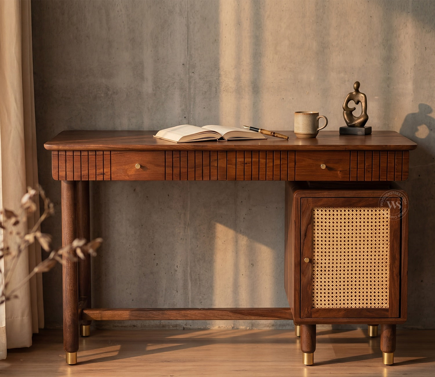 Kalam Modern Designer Sheesham Wood Study Table with Cane Accents & Drawer Storage (Teak Finish)