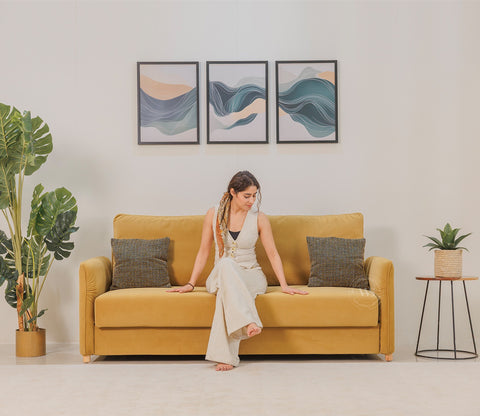 Saffra 3-Seater Sofa Cum Bed | Fold-Out Mechanism | Under-Seat Storage | Fabric Upholstery (Mustard)