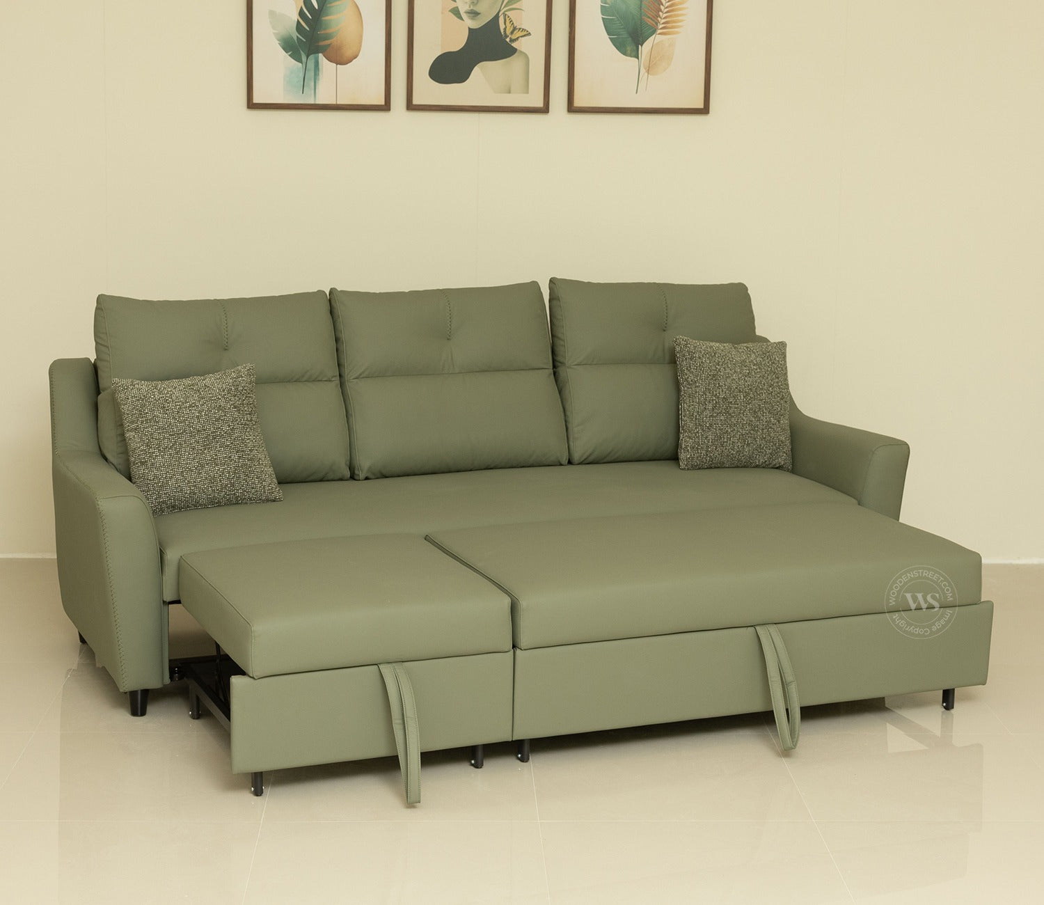 Elano 3-Seater Sofa Cum Bed | Pull-Out Mechanism (Green)
