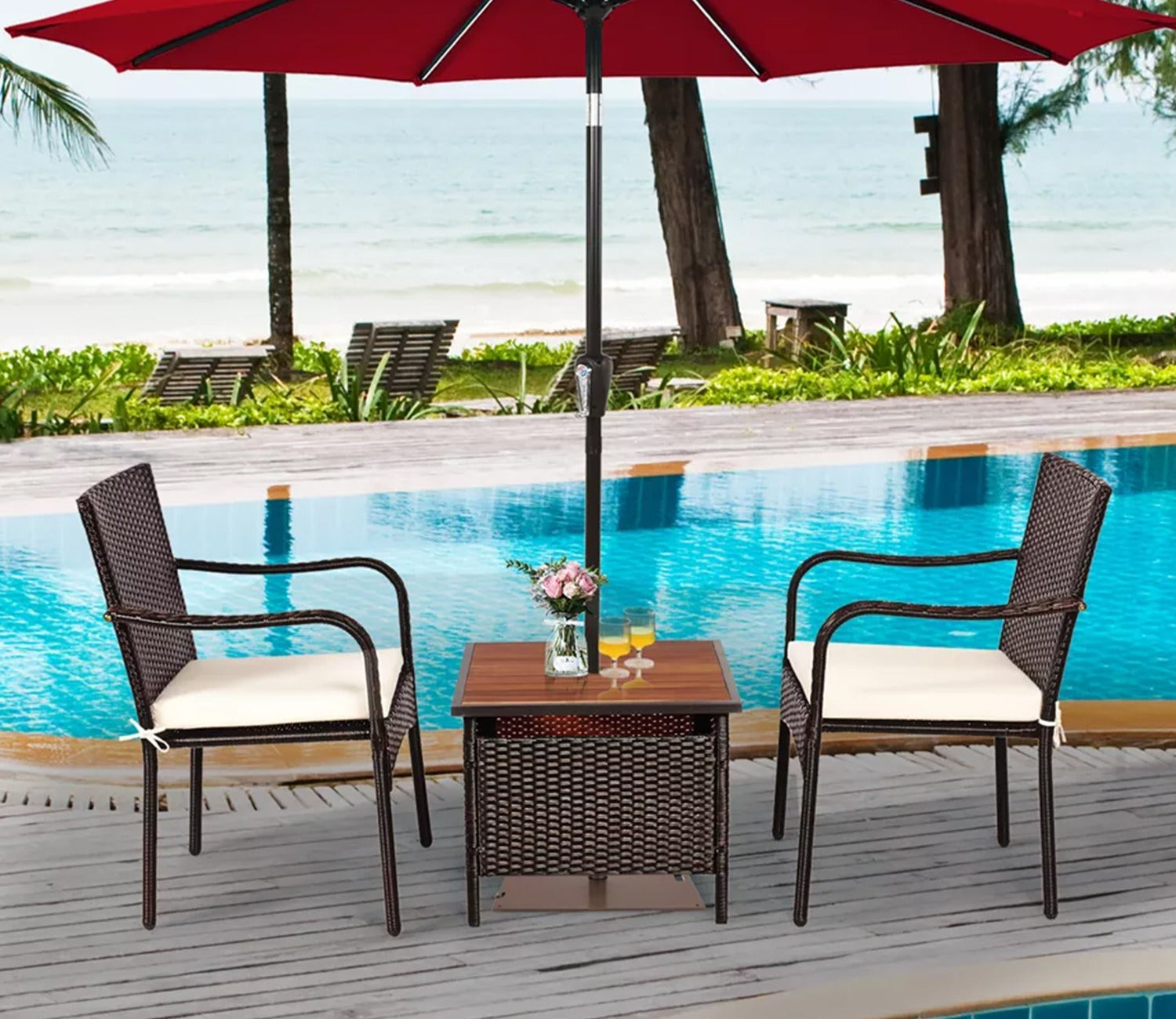 Dark Brown Rattan And Wicker 2 Seater Chair Set With Square Table And Cream Cushions