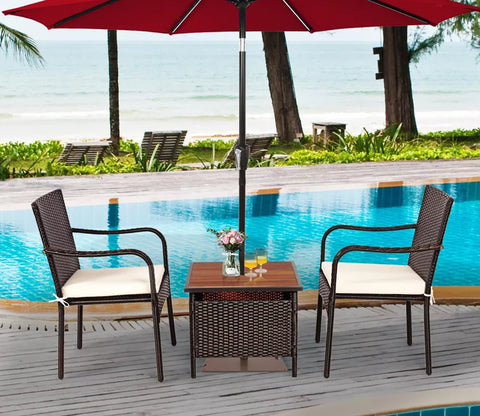 Dark Brown Rattan And Wicker 2 Seater Chair Set With Square Table And Cream Cushions
