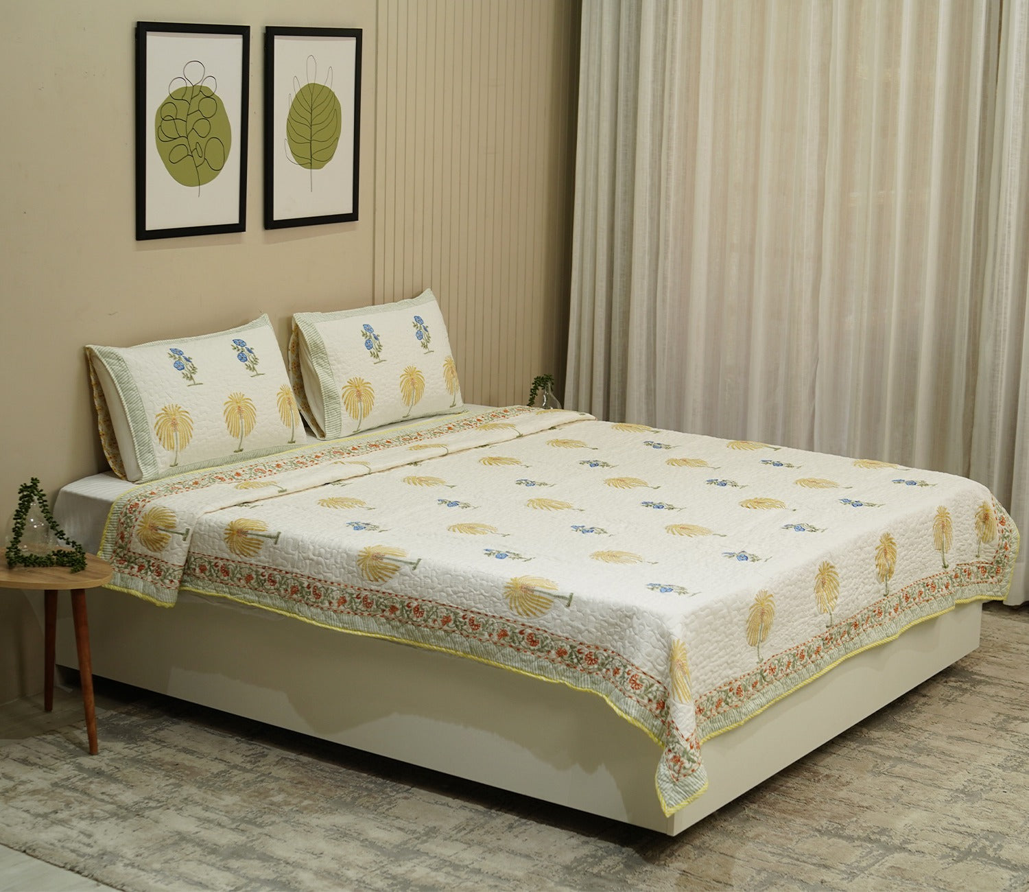 Raeni Tropical Palm Tree Voile Cotton Double Bed Cover King Size