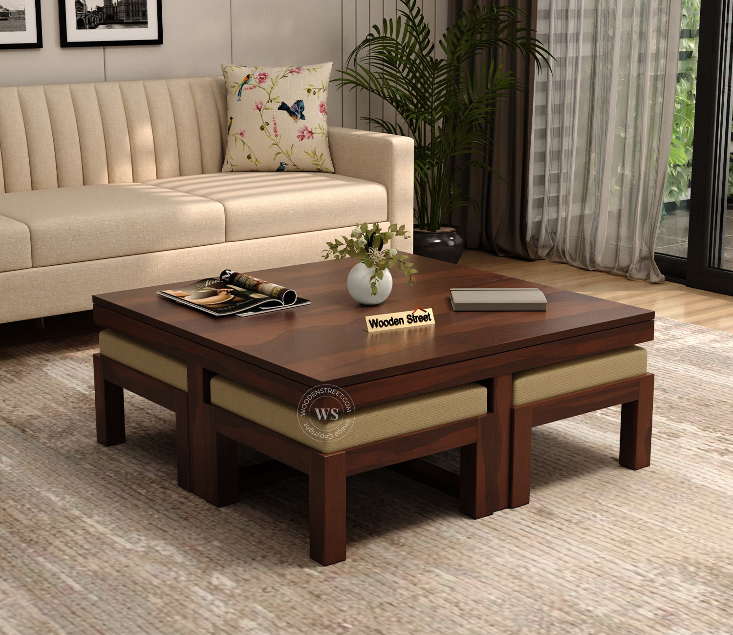 Reid Sheesham Wood Coffee Table with Four Cushioned Stools (Walnut Finish)