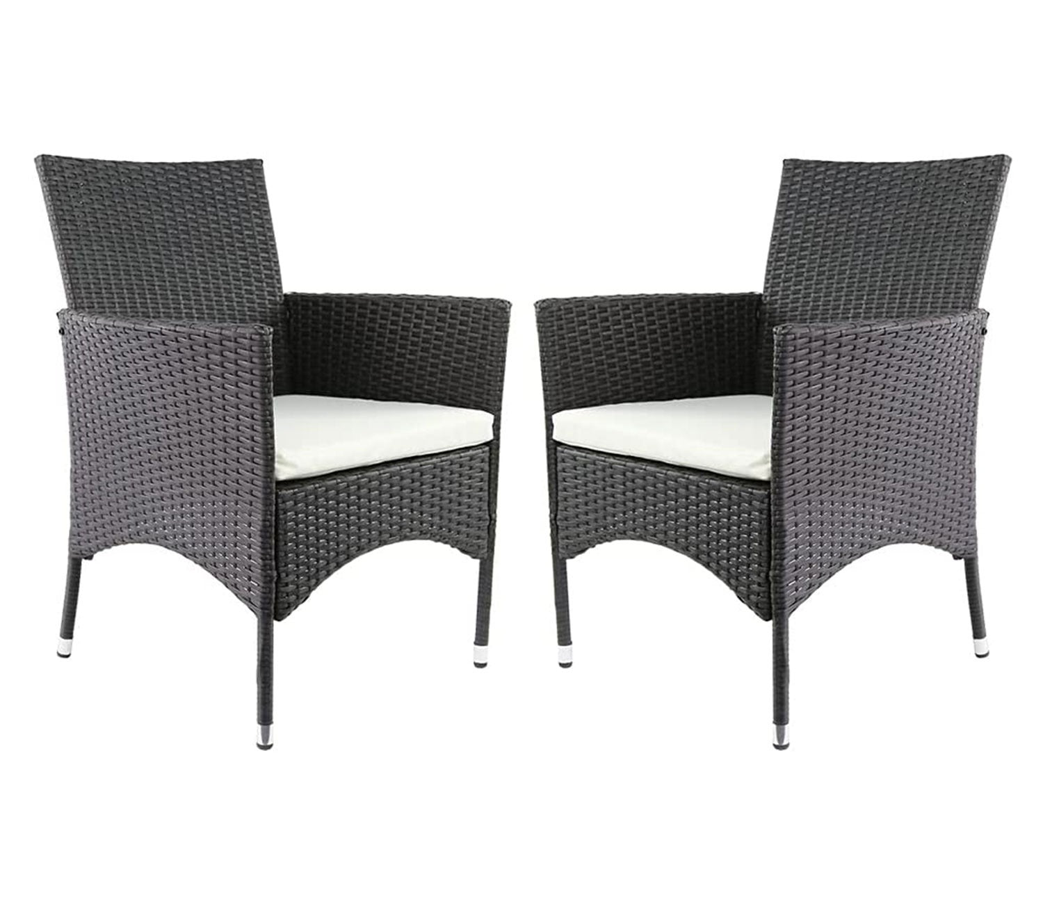 Black Rattan And Wicker Patio Chair with White Cushions (Set Of 2)