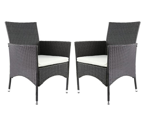 Black Rattan And Wicker Patio Chair with White Cushions (Set Of 2)