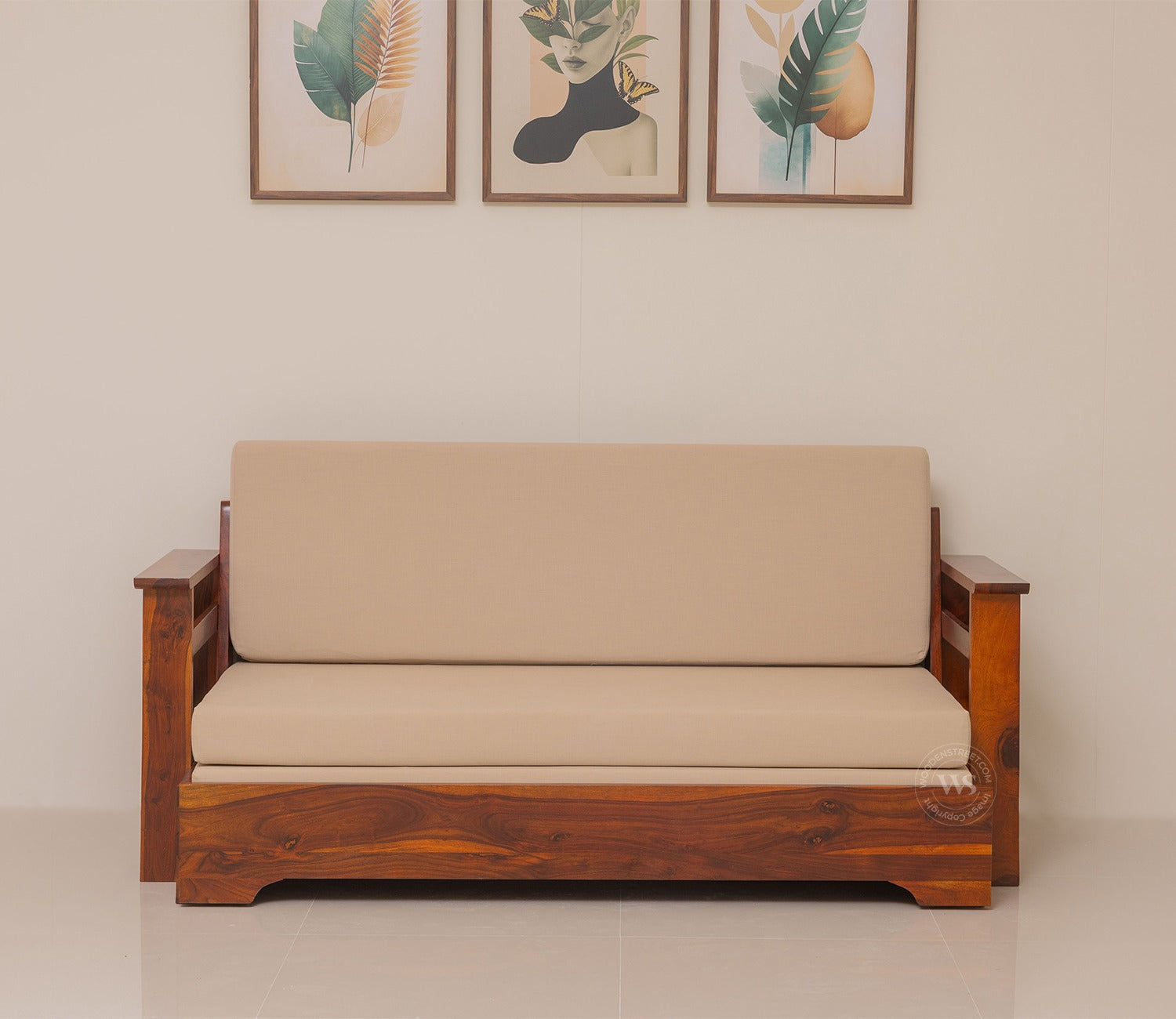 Della Sheesham Wood Sofa Cum Bed With Armrests (Honey Irish Cream)