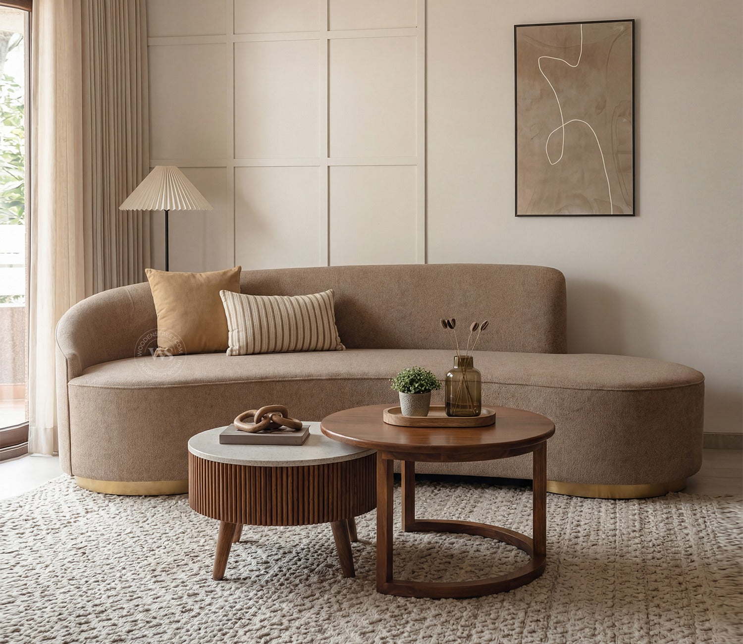 Osbert 3 Seater Curved Sofa (Cotton, Sand Brown)