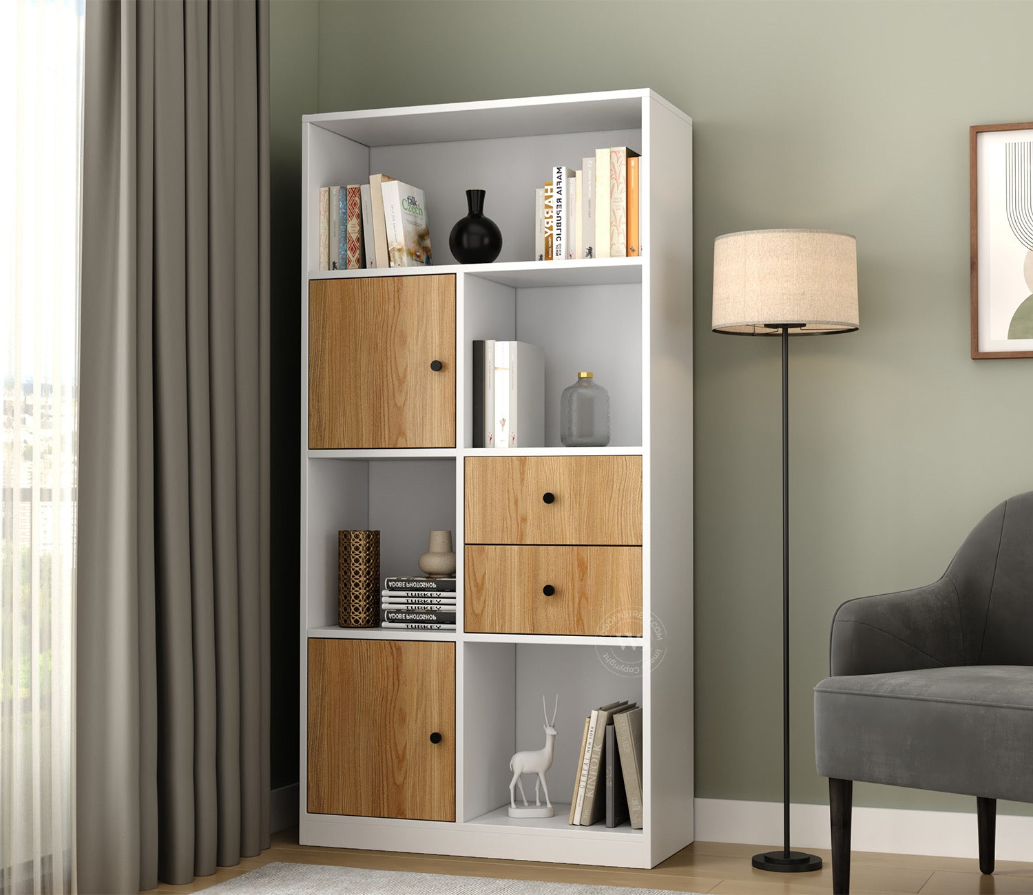 Sheldon Modern Bookshelf with Open & Closed Storage, Textured Fronts (Engineered Wood, Santana Pattern)