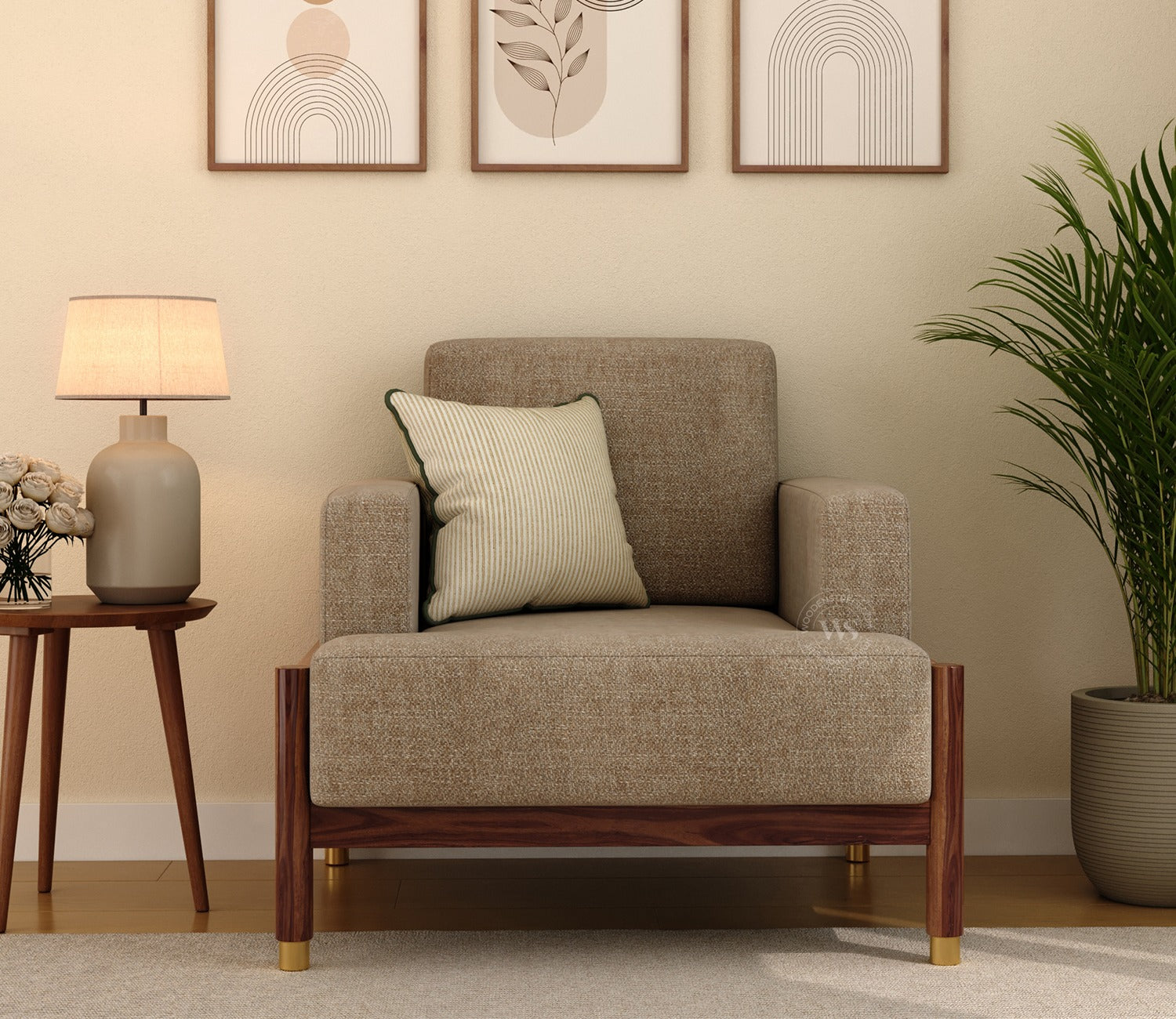 Kairav Modern 3+1+1 Wooden Sofa Set with Premium Upholstery (Pebble Beige)