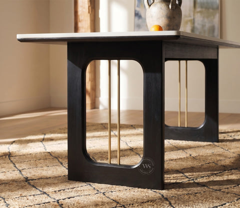Mishaan Designer 6 Seater Sheesham Wood Dining Table with Quartz Top with Brass Accent (Black Finish)