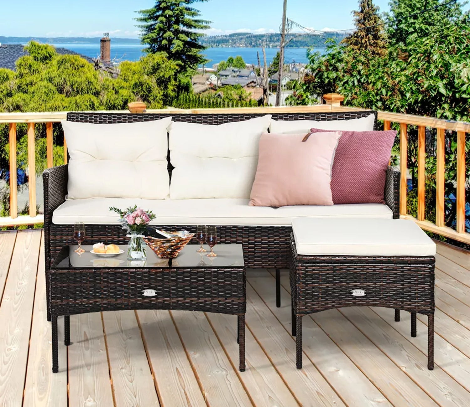 Dark Brown Rattan And Wicker Outdoor Sofa Set With Cream Cushions And Table