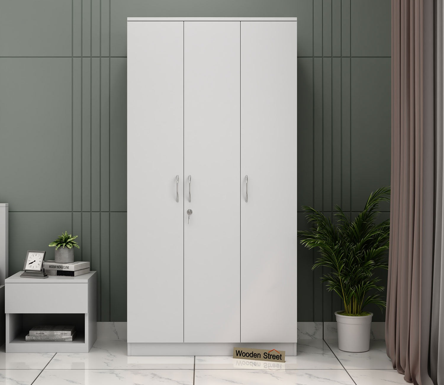 Kayden 3 Door Multi Utility Wardrobe With Lock (Frosty White Finish)