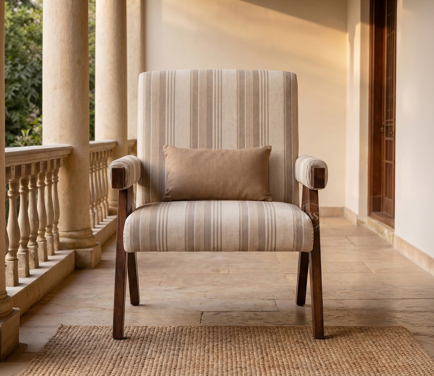 Troupe Sheesham Wood Chandigarh Chair with Premium Upholstery (Cream Stripes, Teak Finish)