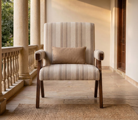 Troupe Sheesham Wood Chandigarh Chair with Premium Upholstery (Cream Stripes, Teak Finish)