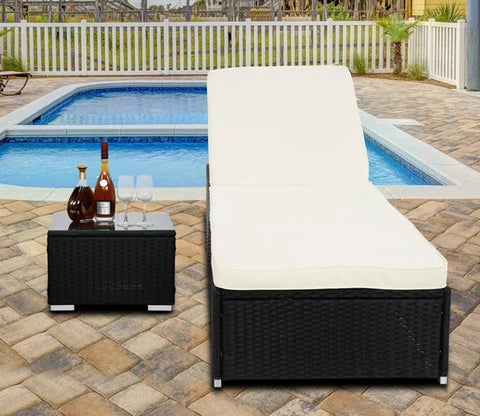 Black Adjustable Outdoor Patio Lounger With Table And Off White Cushions