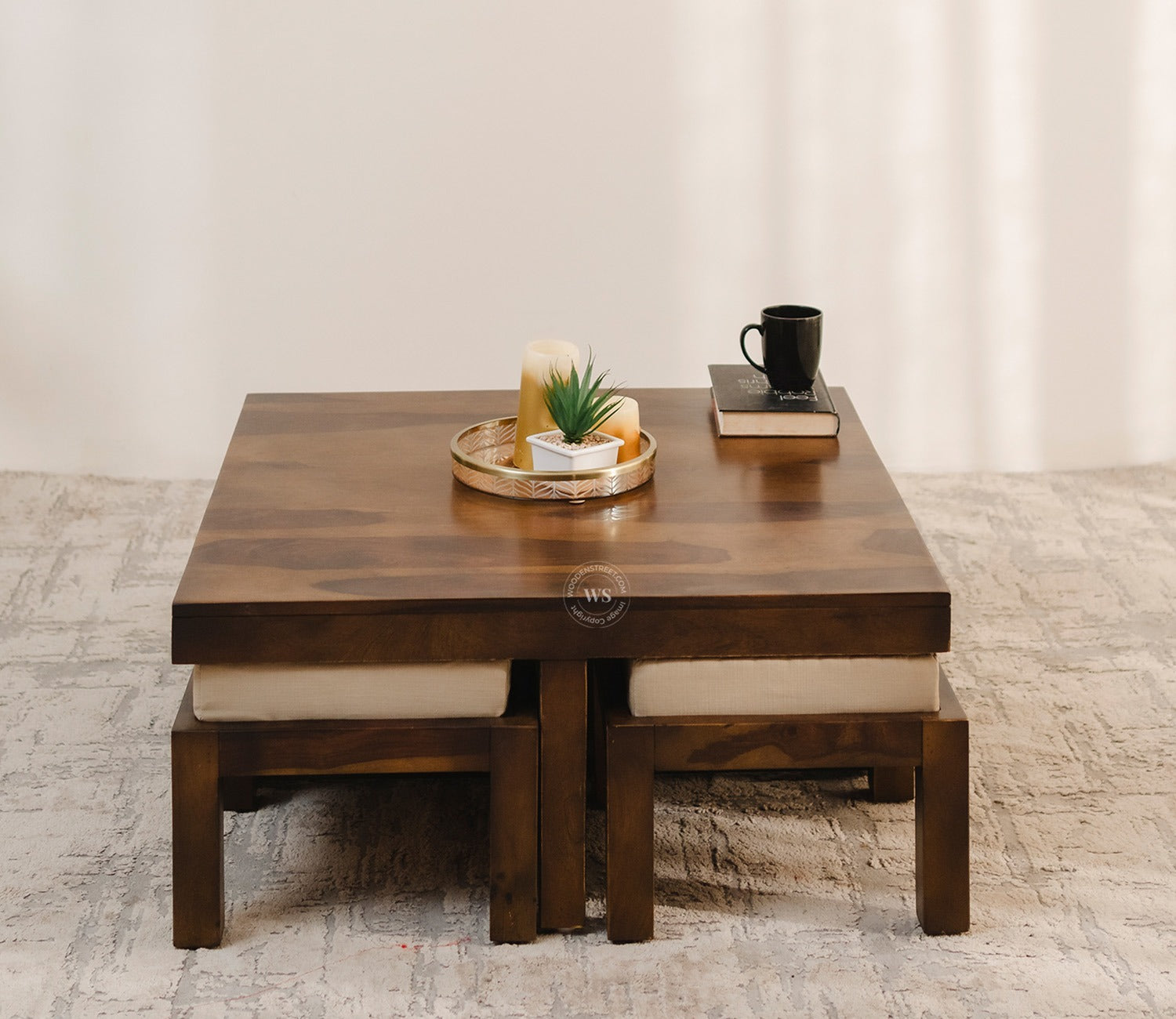 Reid Sheesham Wood Coffee Table with Four Cushioned Stools (Walnut Finish)