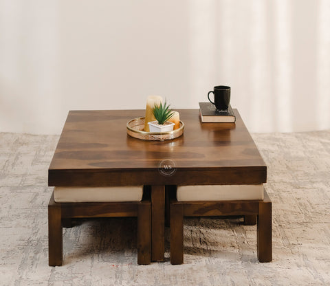 Reid Sheesham Wood Coffee Table with Four Cushioned Stools (Walnut Finish)