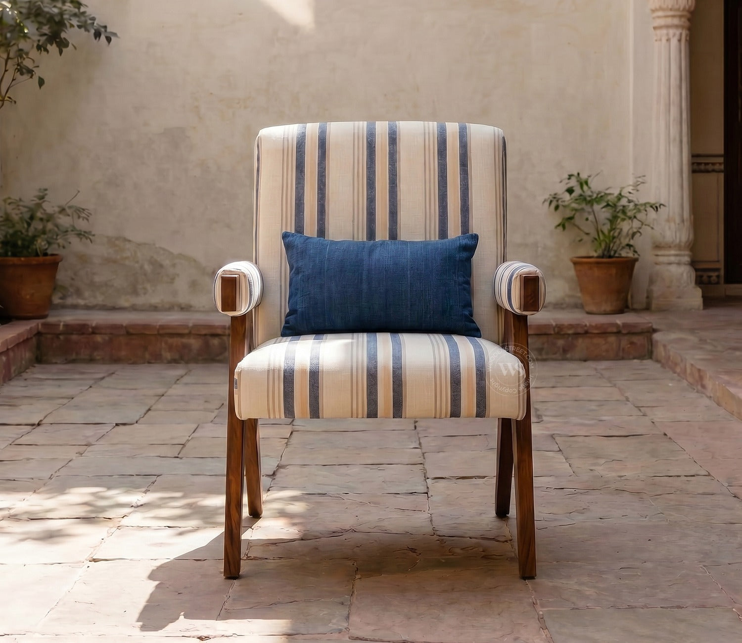 Troupe Sheesham Wood Chandigarh Chair with Premium Upholstery (Blue Stripes, Teak Finish)