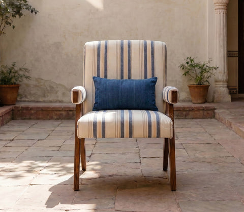 Troupe Sheesham Wood Chandigarh Chair with Premium Upholstery (Blue Stripes, Teak Finish)