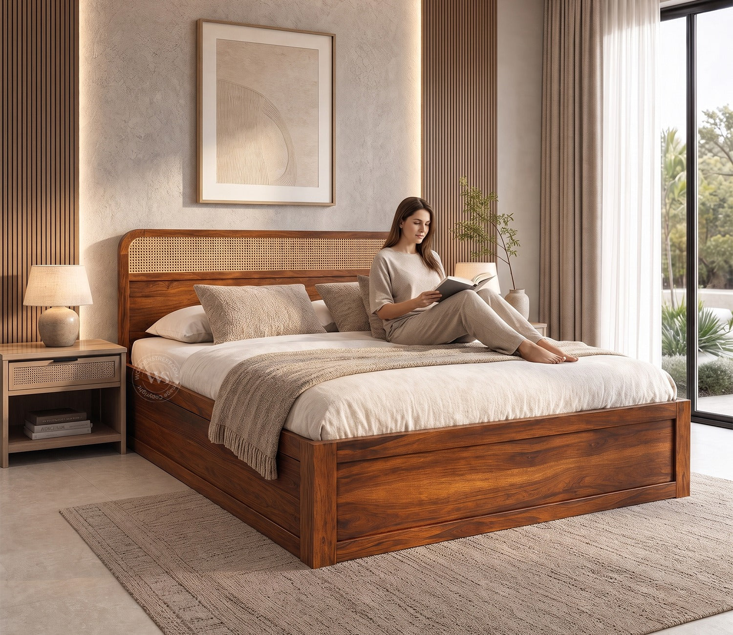 Balikos Sheesham Wood Box Storage Bed (King Size, Teak Finish)