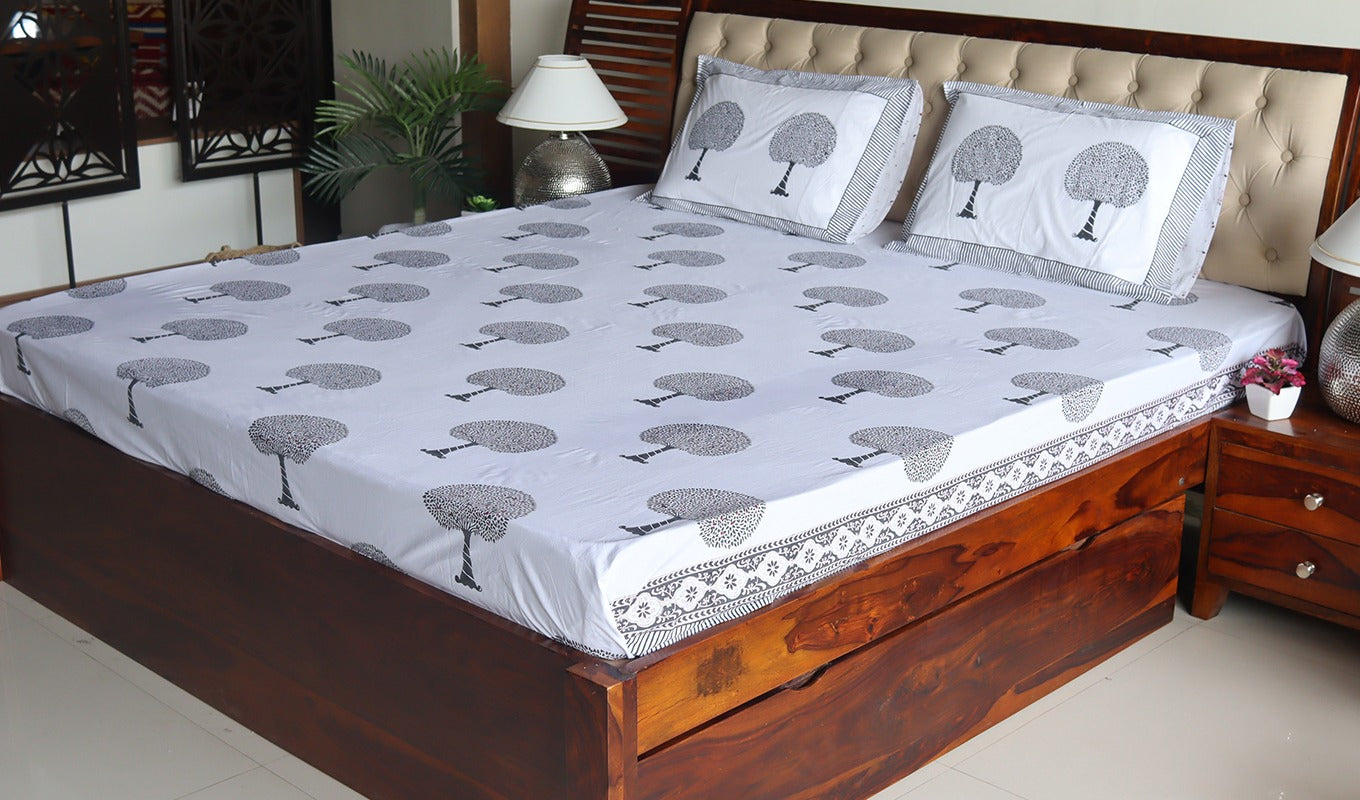 Tree Motifs Hand Block Printed White Double Bed Sheet with Pillow Covers