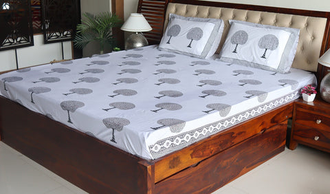 Tree Motifs Hand Block Printed White Double Bed Sheet with Pillow Covers