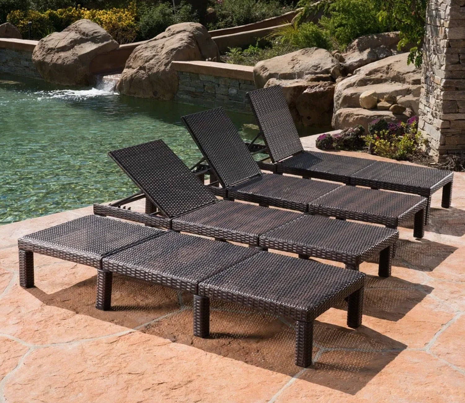 Dark Brown Adjustable Outdoor Lounger With Orange Cushions (Set Of 4)