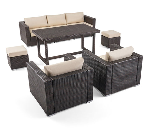 Dark Brown Rattan And Wicker 7 Seater Patio Set With table And Cream Cushions