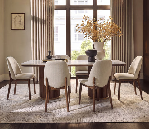 Pravaah 6 Seater Dining Set with Saumik Marble-Top Table and Fressia Upholstered Chair (Teak Finish, Cottage Ivory)