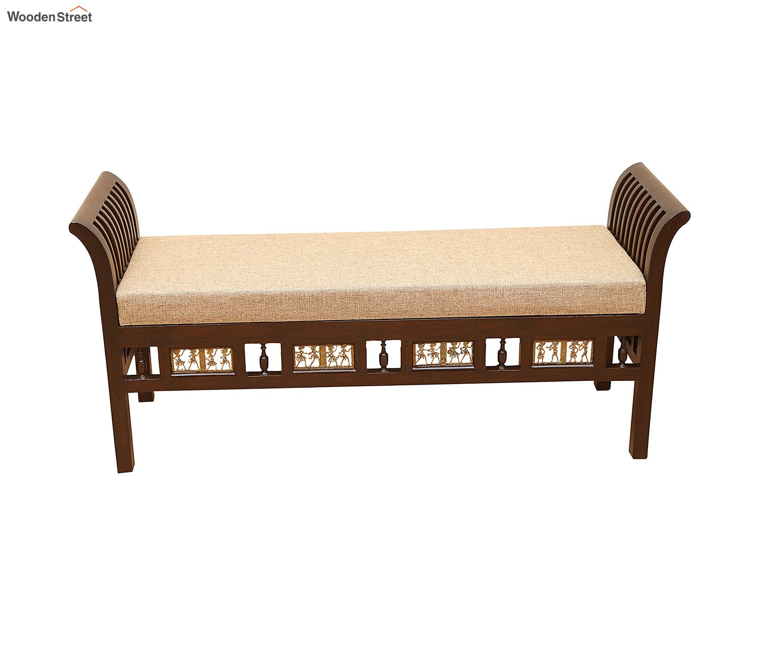 Myla-III Ottoman Cushioned Double Seater with Striped Wood Pattern in Walnut Finish