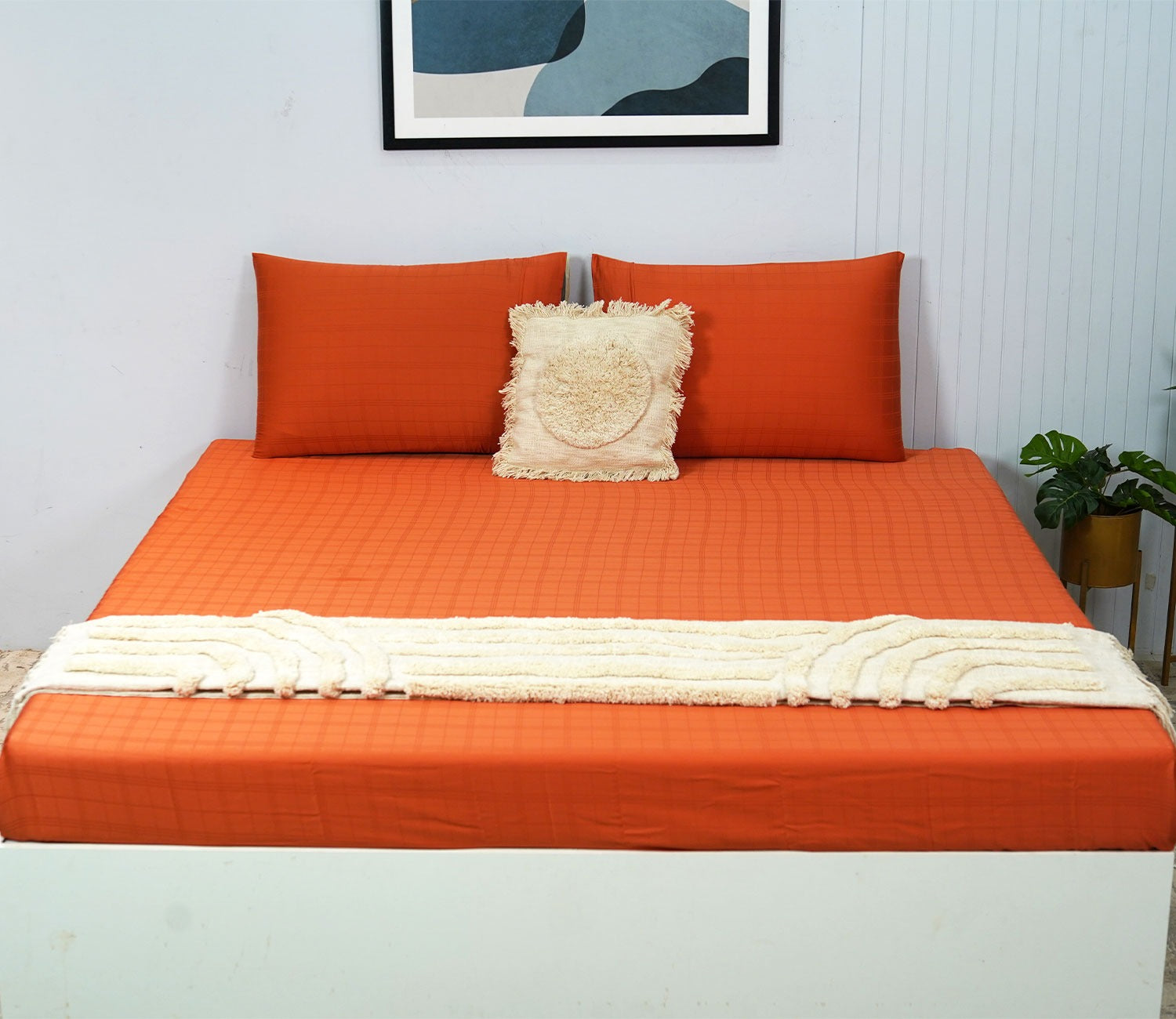 Vegan Dobby Organic Bamboo King Size Bed Sheet with 2 Pillowcases (Orange)