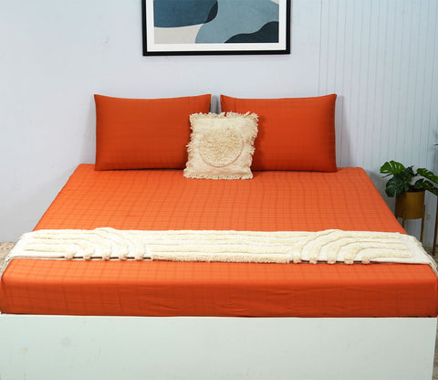 Vegan Dobby Organic Bamboo King Size Bed Sheet with 2 Pillowcases (Orange)