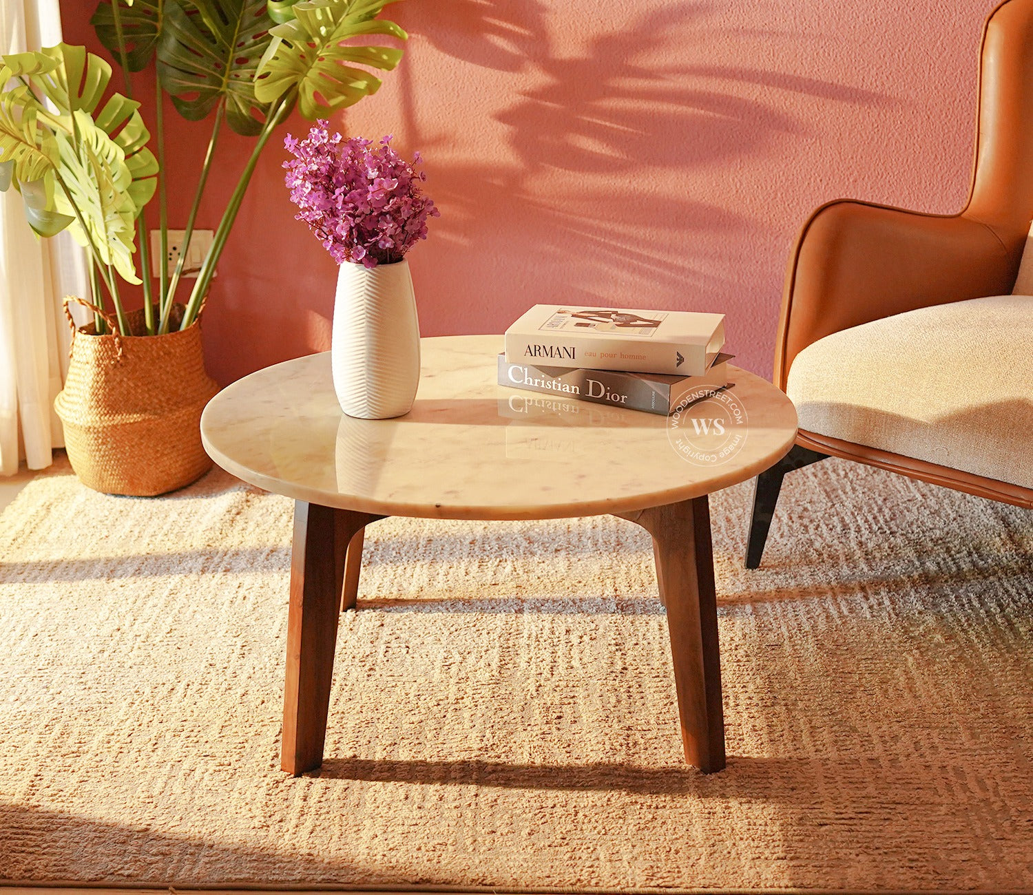 Siya Sheesham Wood Center Table with Marble Top (Teak Finish)
