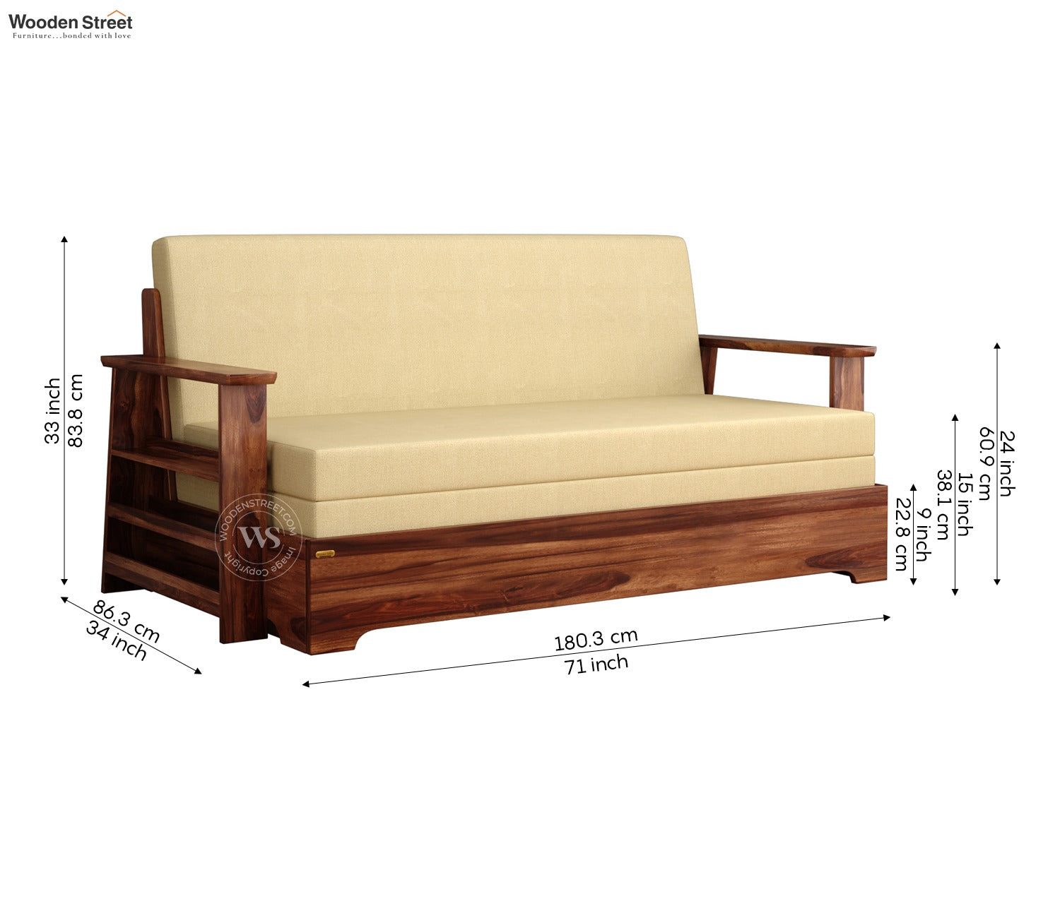 Della Sheesham Wood Sofa Cum Bed With Armrests (Honey Irish Cream)