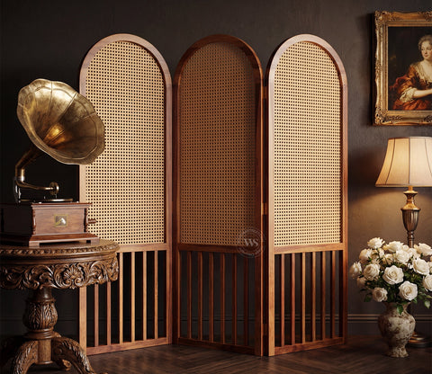 Aavriti Arched Sheesham Wood Room Divider with Natural Cane Weave - Foldable 3 Panel Screen