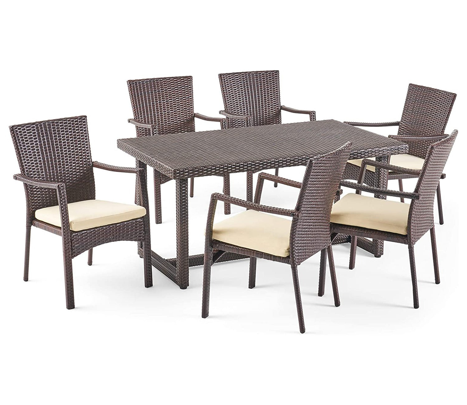 Dark Brown Rattan And Wicker Outdoor Dinning Set With Cream Cushions