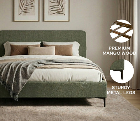 Andreas Premium Fabric Bed with Curved Headboard & Without Storage (King Size, Sage Green)