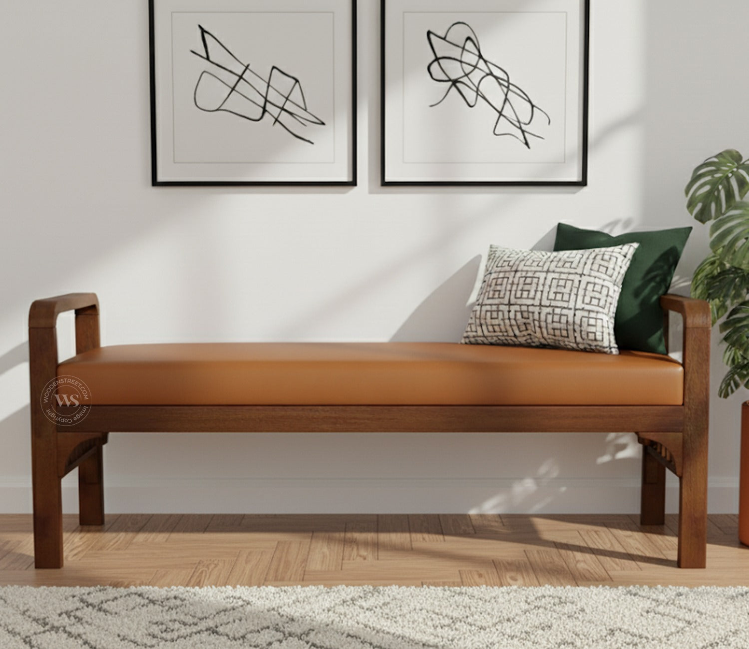Elle Mango Wood Upholstered Bench with Ginger Bread Leatherette (Teak Finish)