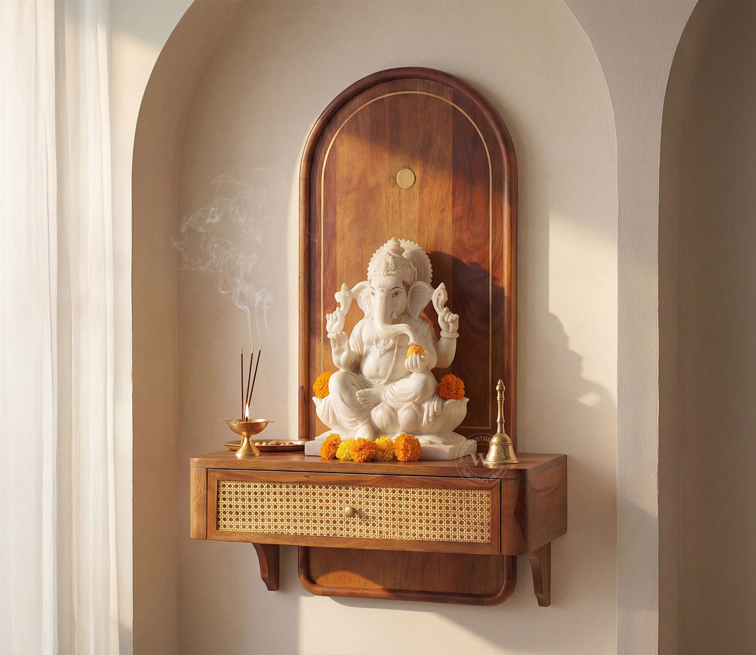 Shoonya Sheesham Wood Home Temple with Brass Detailing and Cane Accents (Teak Finish)