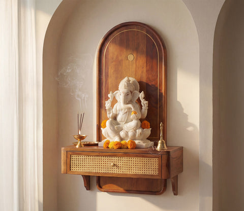 Shoonya Sheesham Wood Home Temple with Brass Detailing and Cane Accents (Teak Finish)