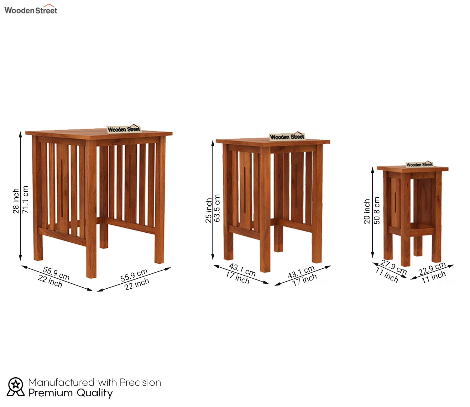 Ayotte Solid Wood Nest of Tables (Honey Finish) - Set Of 3