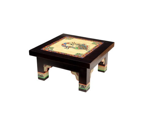 Multicolor Teakwood Peacock Chowki